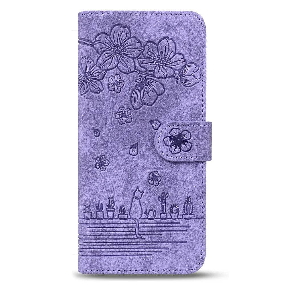 For Samsung Galaxy Z Fold7 5G Case Flip Stand Leather Phone Cover Cherry Blossom Cat Imprinted - Purple - 5