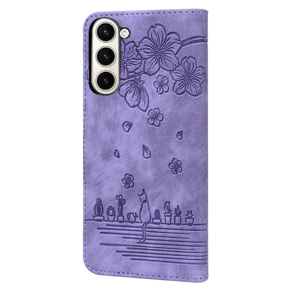 For Samsung Galaxy Z Fold7 5G Case Flip Stand Leather Phone Cover Cherry Blossom Cat Imprinted - Purple - 6