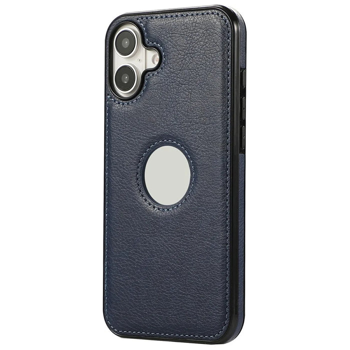 For iPhone 16 Case Logo View Litchi Texture PU Leather Coated PC + TPU Phone Cover - Blue - 2