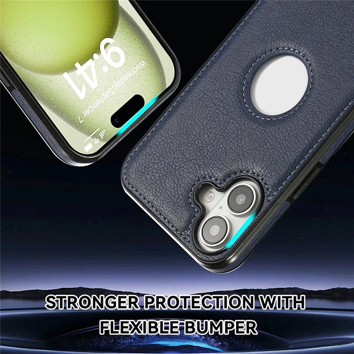 For iPhone 16 Case Logo View Litchi Texture PU Leather Coated PC + TPU Phone Cover - Blue - 4