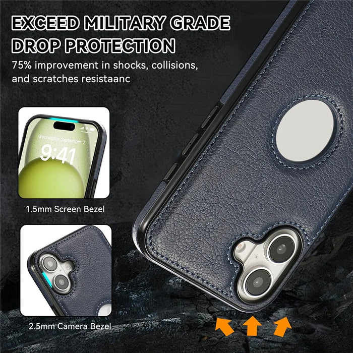 For iPhone 16 Case Logo View Litchi Texture PU Leather Coated PC + TPU Phone Cover - Blue - 5