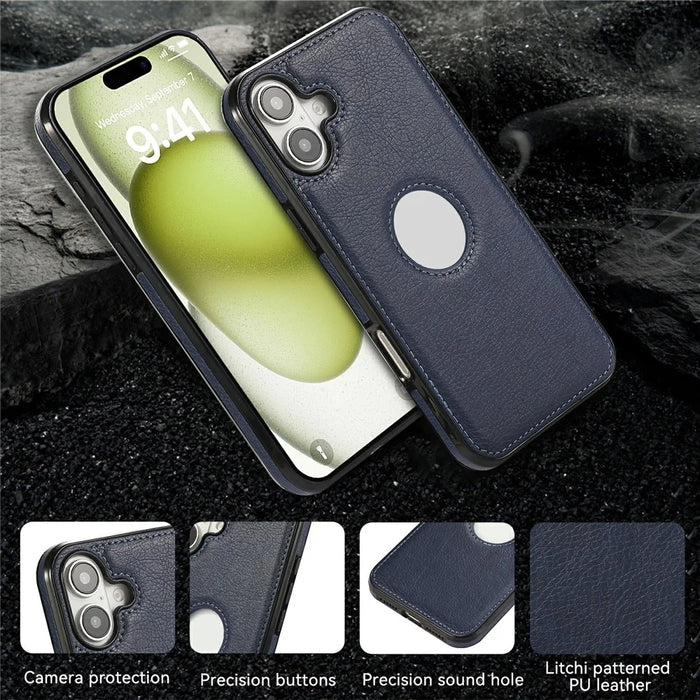 For iPhone 16 Case Logo View Litchi Texture PU Leather Coated PC + TPU Phone Cover - Blue - 6