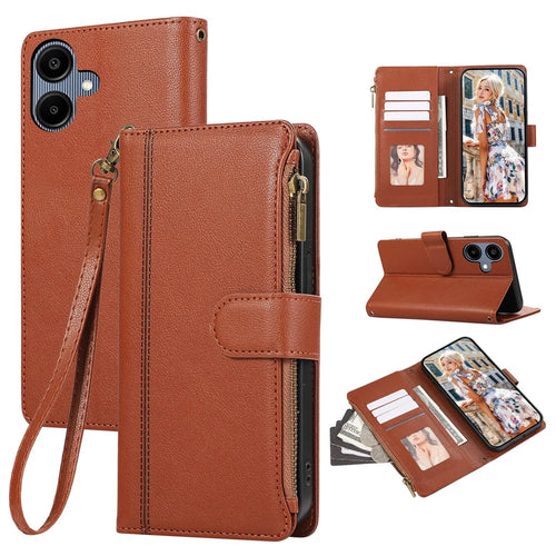 For Samsung Galaxy A05 4G Case Multi Card Slots Zipper Leather Phone Cover with Wrist Strap - Brown - 1