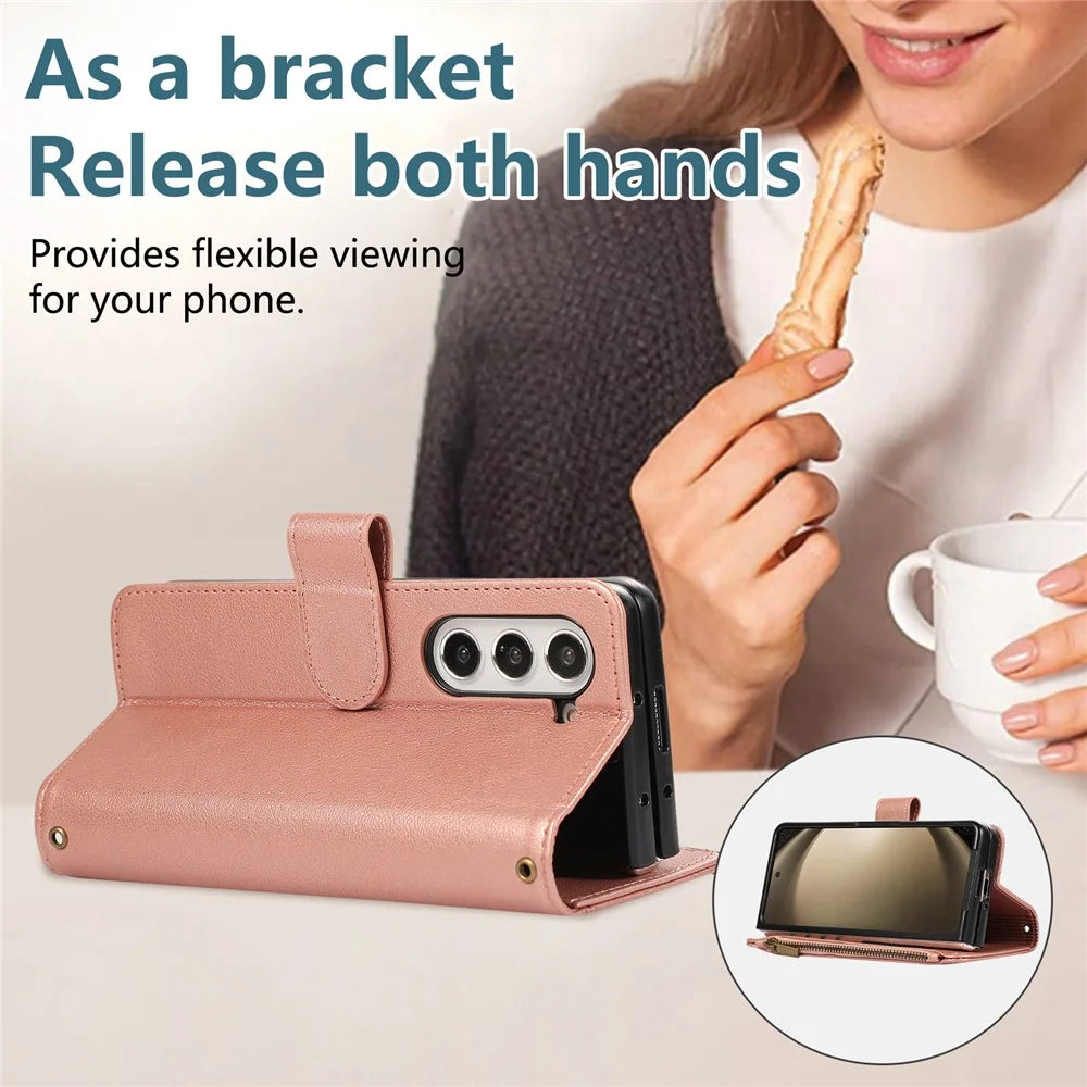 For Samsung Galaxy Z Fold7 5G Case Multi Card Slots Zipper Leather Phone Cover with Wrist Strap - Rose Gold - 7