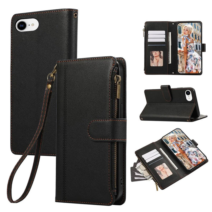 For iPhone 17e / 16e Case Multi Card Slots Zipper Leather Phone Cover with Wrist Strap - Black - 1