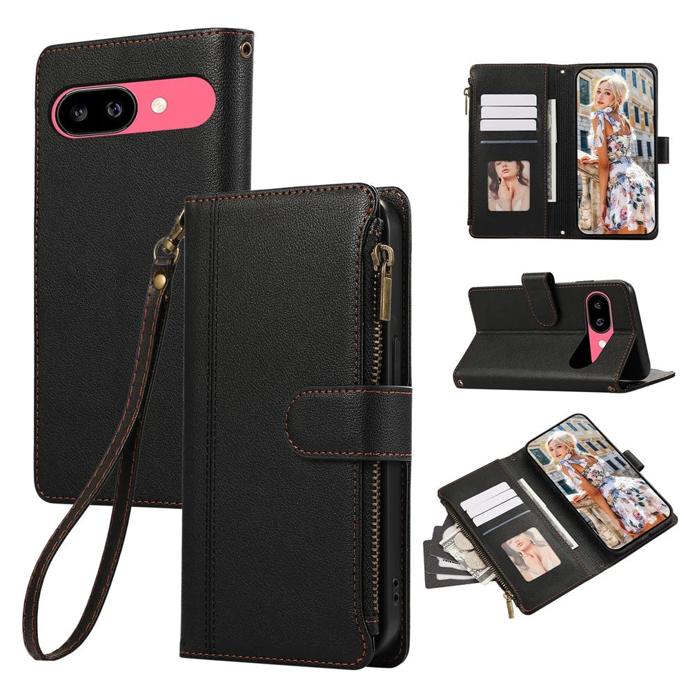 For Google Pixel 9a Case Multi Card Slots Zipper Leather Phone Cover with Wrist Strap - Black - 1