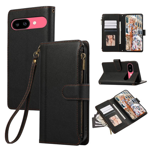 For Google Pixel 9a Case Multi Card Slots Zipper Leather Phone Cover with Wrist Strap - Black - 1