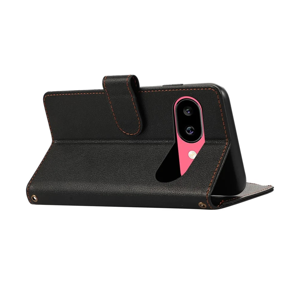 For Google Pixel 9a Case Multi Card Slots Zipper Leather Phone Cover with Wrist Strap - Black - 5