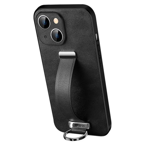 SULADA Fashion Series for iPhone 14 Kickstand Crazy Horse Texture Phone Case PU Leather Coated PC + TPU Cover with Retractable Wristband - Black - 1