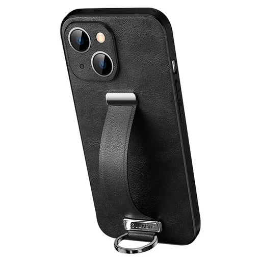 SULADA Fashion Series for iPhone 14 Kickstand Crazy Horse Texture Phone Case PU Leather Coated PC + TPU Cover with Retractable Wristband - Black - 1