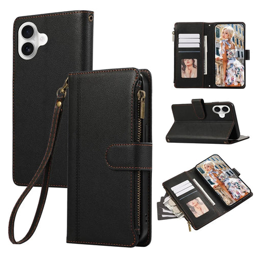 For iPhone 17 Case Multi Card Slots Zipper Leather Phone Cover with Wrist Strap - Black - 1