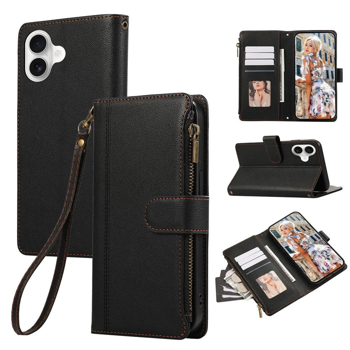 For iPhone 17 Case Multi Card Slots Zipper Leather Phone Cover with Wrist Strap - Black - 1