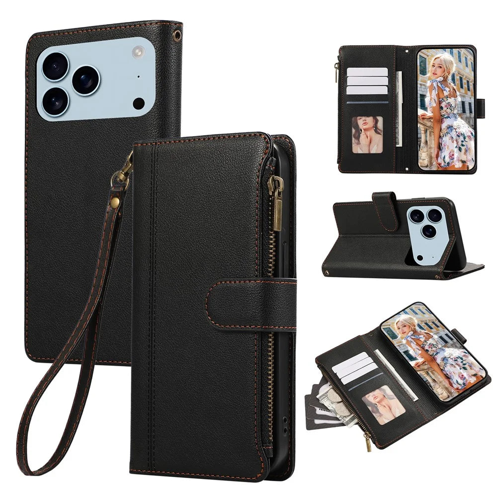 For iPhone 18 Pro Max / 17 Pro Max Case Multi Card Slots Zipper Leather Phone Cover with Wrist Strap - Black - 1