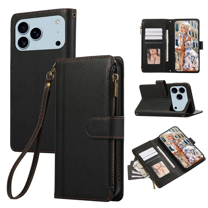 For iPhone 18 Pro Max / 17 Pro Max Case Multi Card Slots Zipper Leather Phone Cover with Wrist Strap - Black - 1