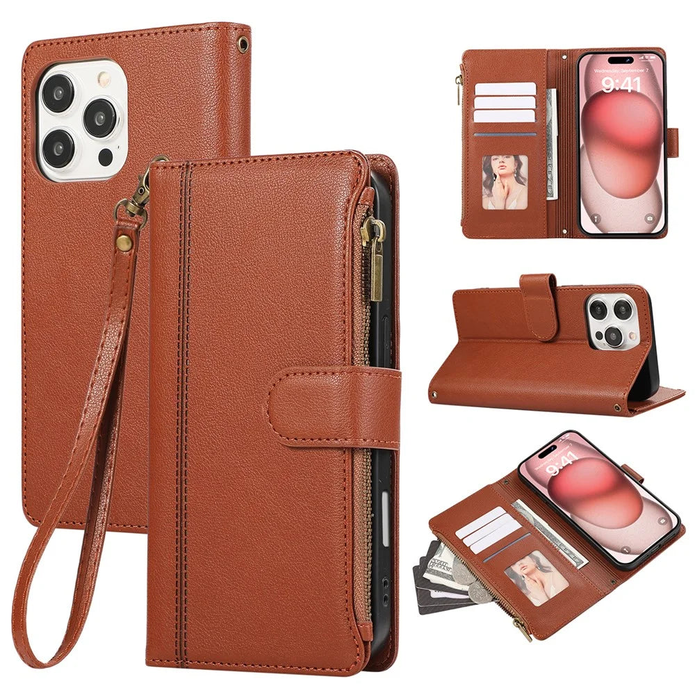 For iPhone 16 Pro Max Case Multi Card Slots Zipper Leather Phone Cover with Wrist Strap - Brown - 1