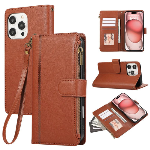 For iPhone 16 Pro Max Case Multi Card Slots Zipper Leather Phone Cover with Wrist Strap - Brown - 1