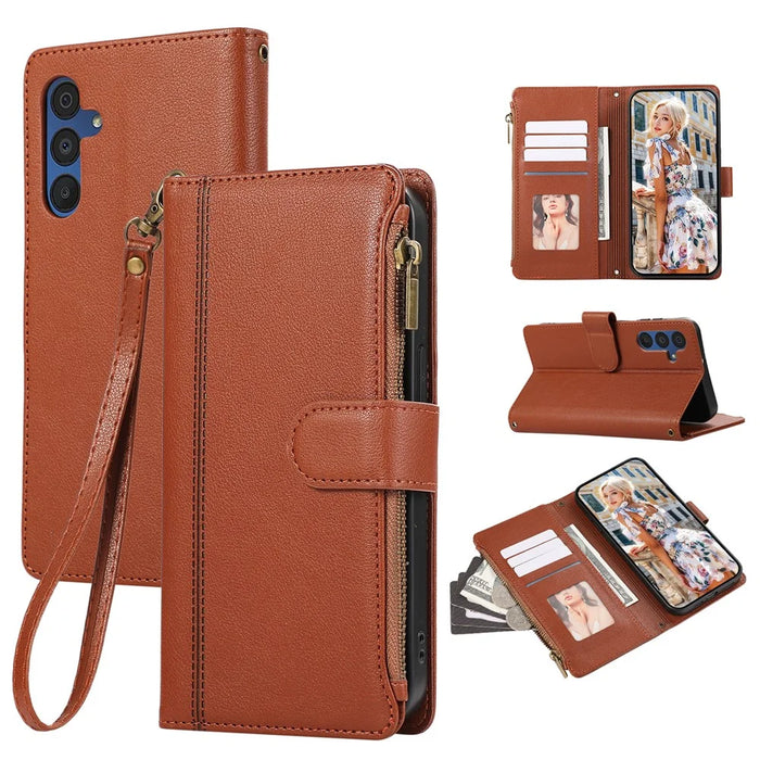 For Samsung Galaxy A56 5G Case Multi Card Slots Zipper Leather Phone Cover with Wrist Strap - Brown - 1