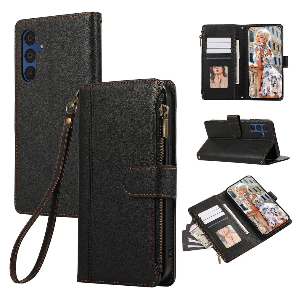 For Samsung Galaxy A36 5G Case Multi Card Slots Zipper Leather Phone Cover with Wrist Strap - Black - 1