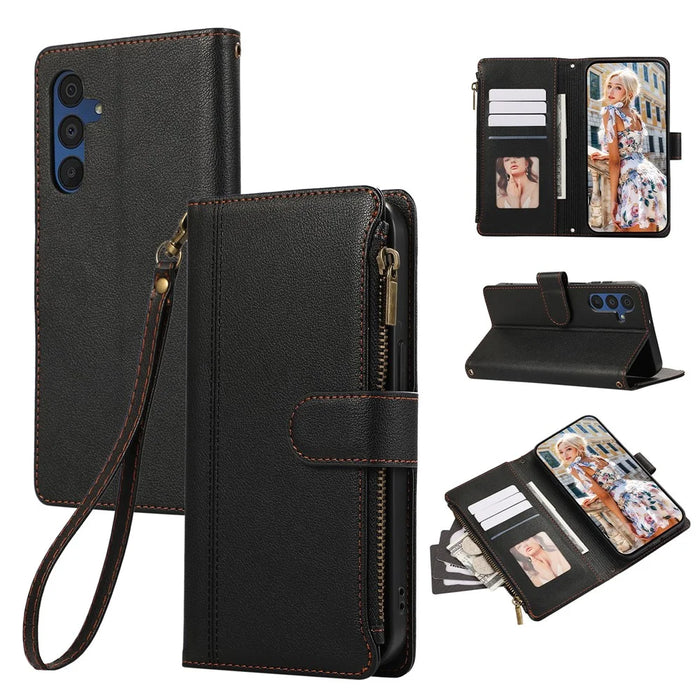 For Samsung Galaxy A36 5G Case Multi Card Slots Zipper Leather Phone Cover with Wrist Strap - Black - 1