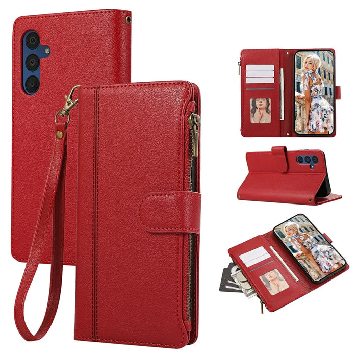 For Samsung Galaxy S25  /  S24 Case Multi Card Slots Zipper Leather Phone Cover with Wrist Strap - Red - 1
