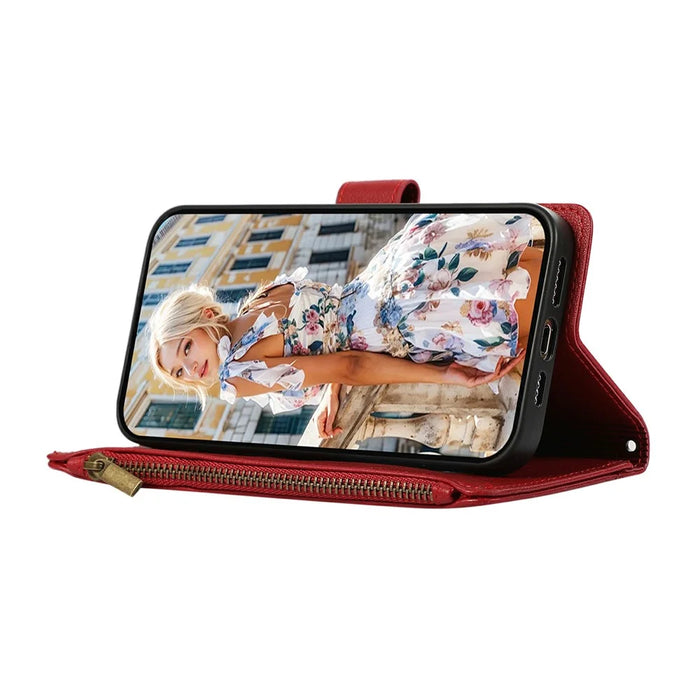 For Samsung Galaxy S25  /  S24 Case Multi Card Slots Zipper Leather Phone Cover with Wrist Strap - Red - 4