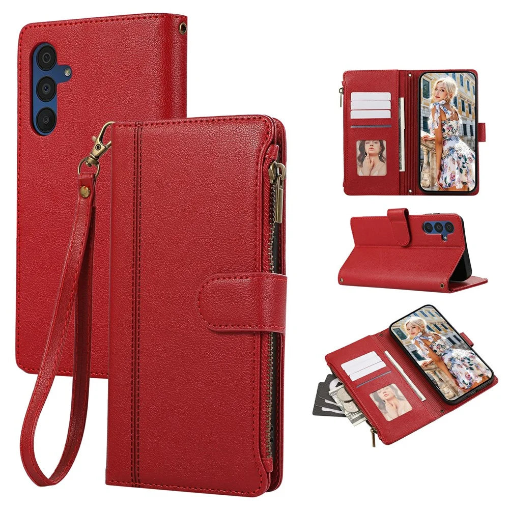 For Samsung Galaxy S25+  /  S24+ Case Multi Card Slots Zipper Leather Phone Cover with Wrist Strap - Red - 1
