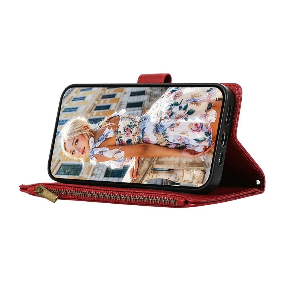 For Samsung Galaxy S25 Ultra Case Multi Card Slots Zipper Leather Phone Cover with Wrist Strap - Red - 4