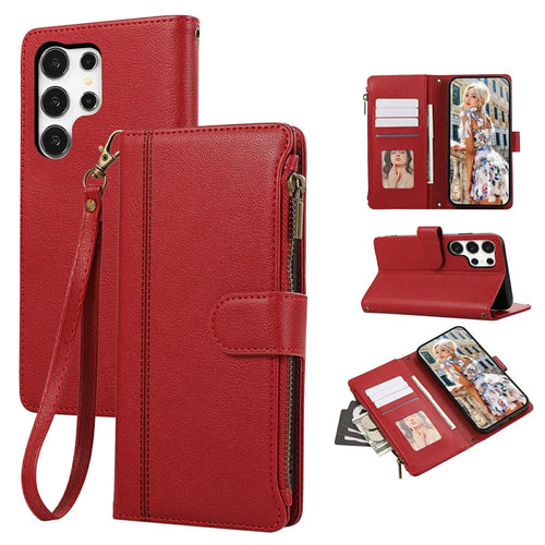 For Samsung Galaxy S24 Ultra Case Multi Card Slots Zipper Leather Phone Cover with Wrist Strap - Red - 1