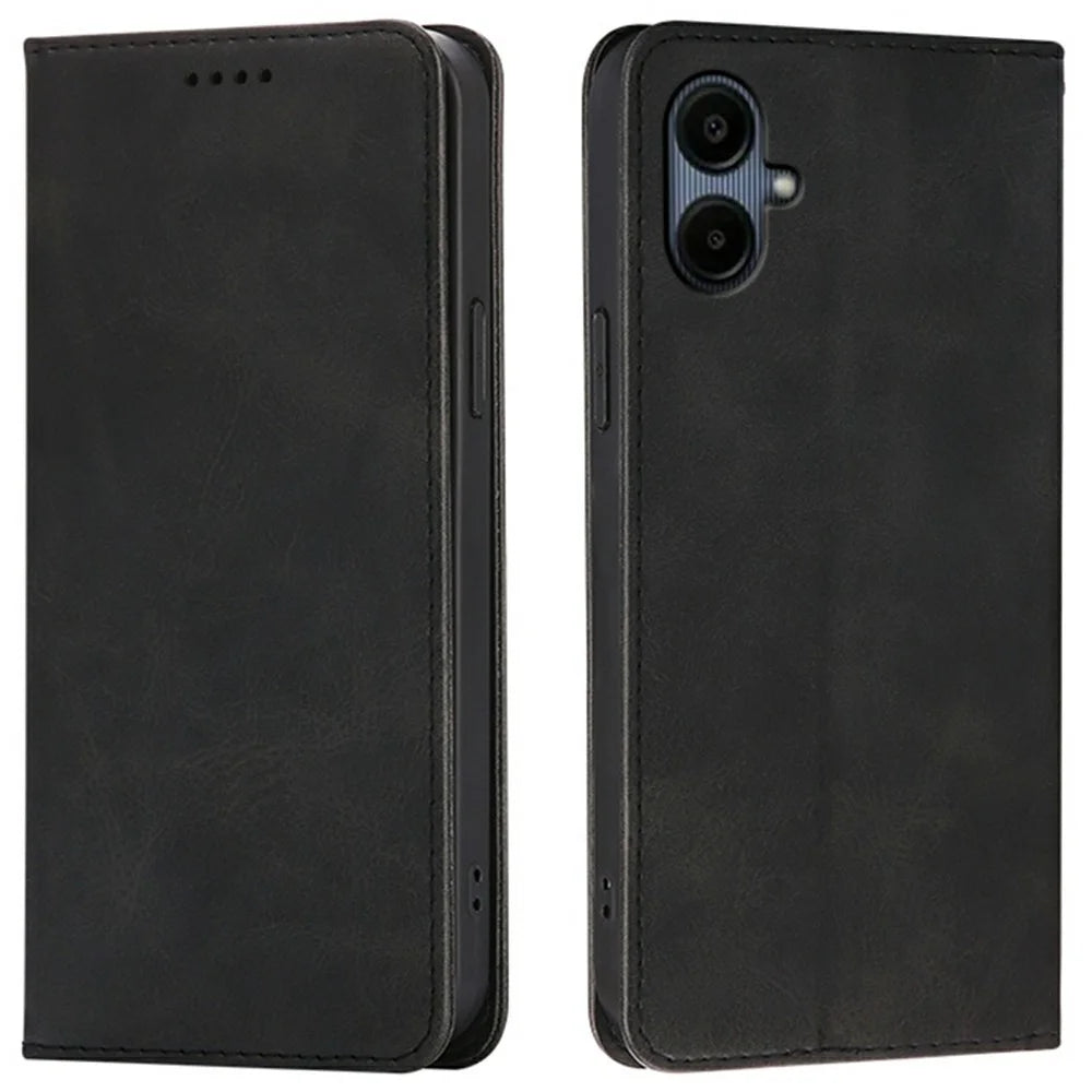 For Samsung Galaxy A08 5G / A08 4G / A07 4G Case Wallet Calf Texture Leather Phone Cover with Hidden Magnetic Closure - Black - 1