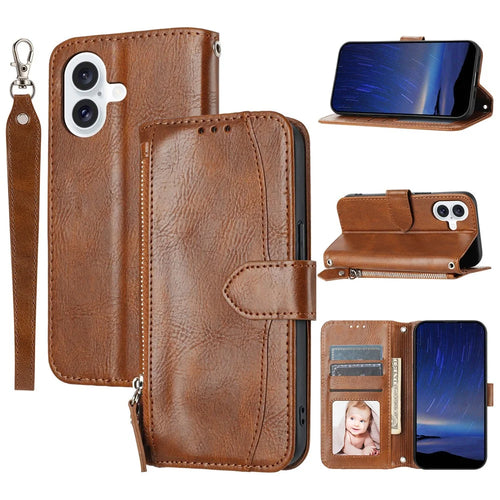For iPhone 17 Case Zipper Pocket Wallet Leather Phone Cover with Wrist Strap - Brown - 1