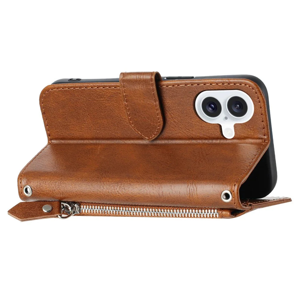 For iPhone 17 Case Zipper Pocket Wallet Leather Phone Cover with Wrist Strap - Brown - 4