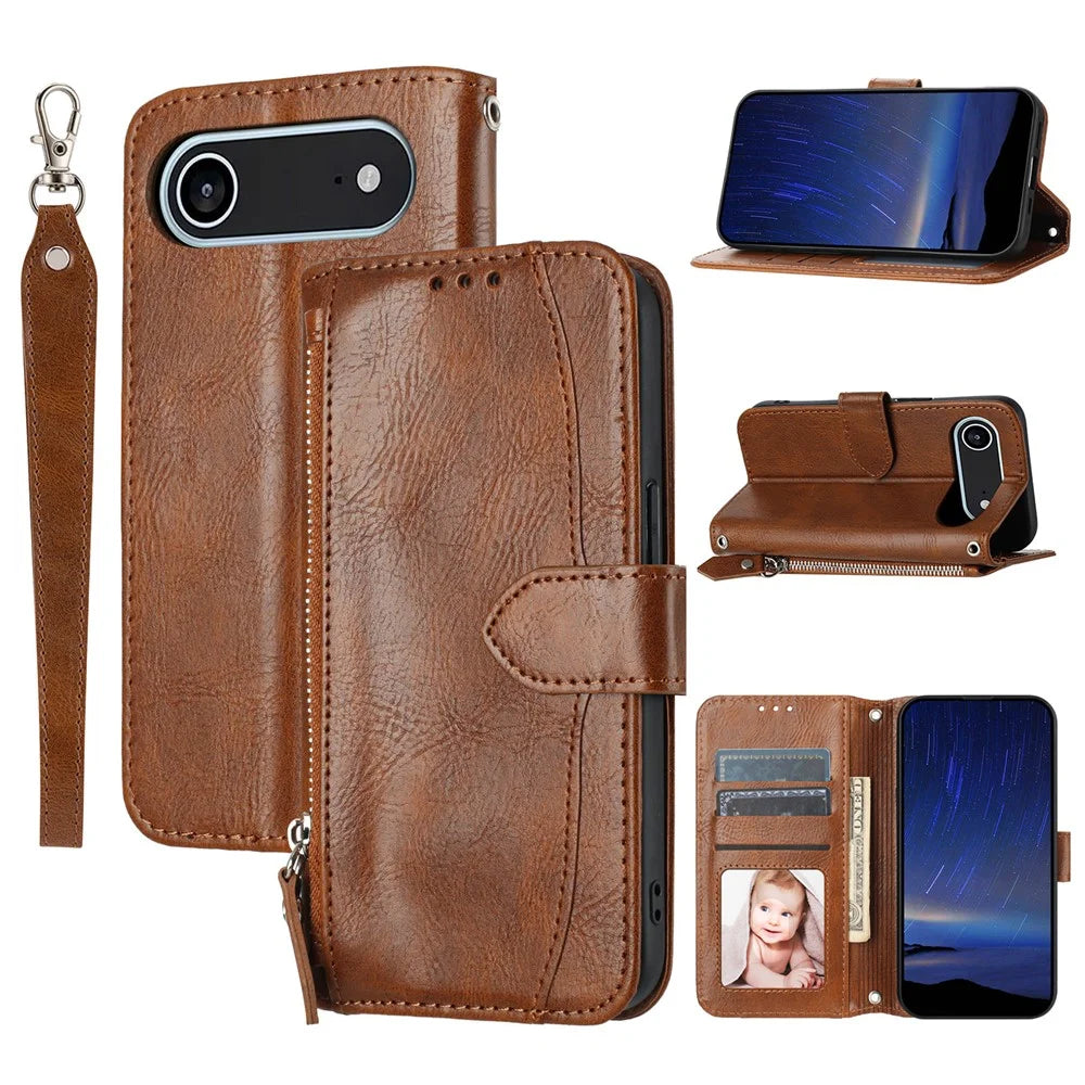 For iPhone Air Case Zipper Pocket Wallet Leather Phone Cover with Wrist Strap - Brown - 1