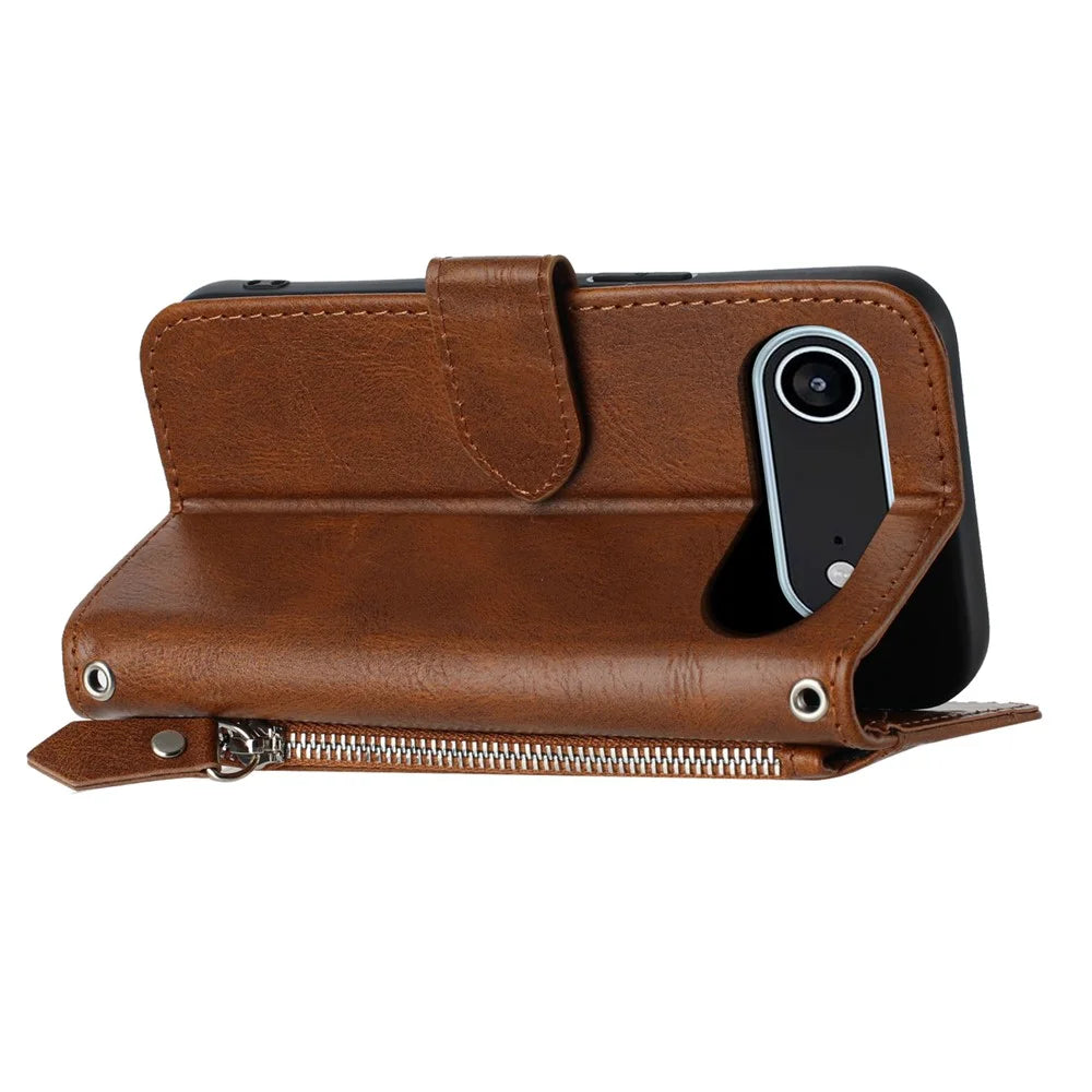 For iPhone Air Case Zipper Pocket Wallet Leather Phone Cover with Wrist Strap - Brown - 4