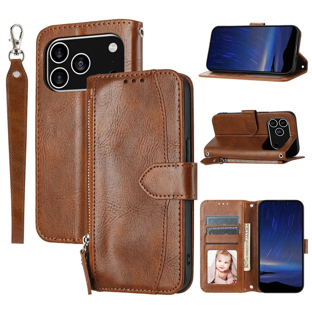 For iPhone 17 Pro Case Zipper Pocket Wallet Leather Phone Cover with Wrist Strap - Brown - 1