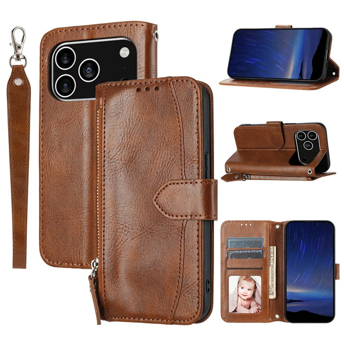 For iPhone 17 Pro Case Zipper Pocket Wallet Leather Phone Cover with Wrist Strap - Brown - 1