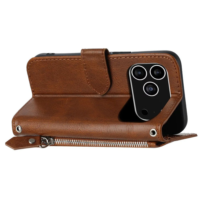For iPhone 17 Pro Case Zipper Pocket Wallet Leather Phone Cover with Wrist Strap - Brown - 4