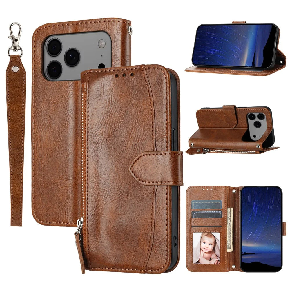 For iPhone 17 Pro Max Case Zipper Pocket Wallet Leather Phone Cover with Wrist Strap - Brown - 1