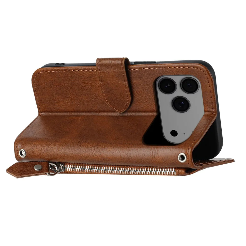 For iPhone 17 Pro Max Case Zipper Pocket Wallet Leather Phone Cover with Wrist Strap - Brown - 4