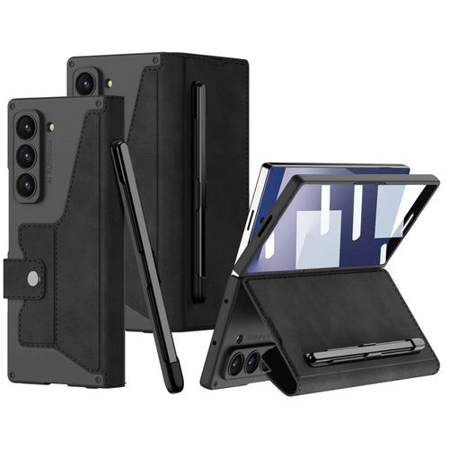 GKK For Samsung Galaxy Z Fold7 5G Kickstand Case Pencil Slot PC+PU Phone Cover with Screen Film - Black - 1