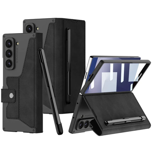 GKK For Samsung Galaxy Z Fold7 5G Kickstand Case Pencil Slot PC+PU Phone Cover with Screen Film - Black - 1