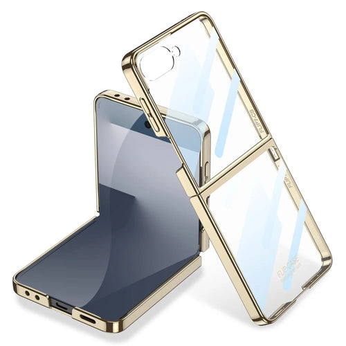 GKK For Samsung Galaxy Z Flip7 5G Case Electroplating Hard PC Tempered Glass Phone Cover with Screen Film - Champagne Gold - 1