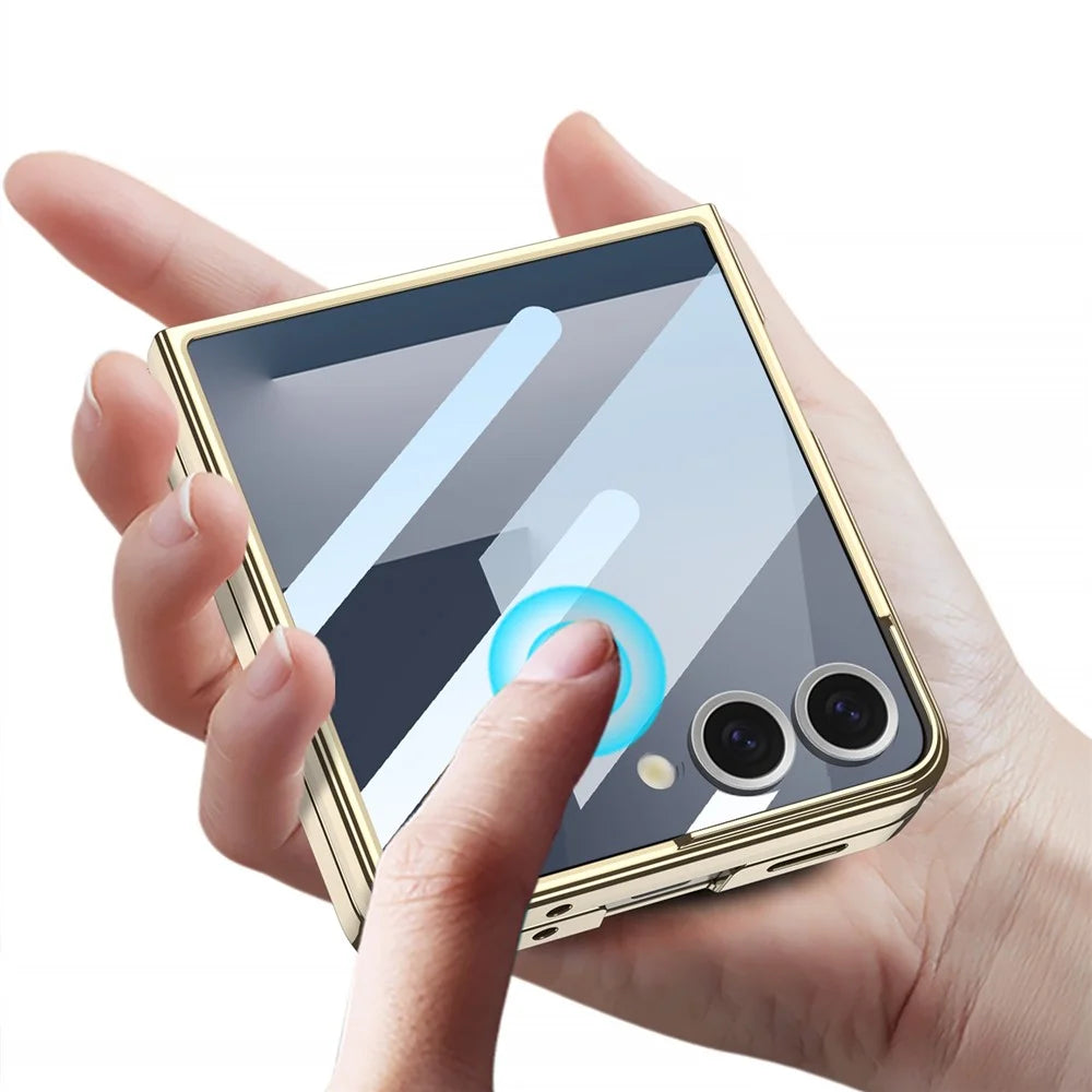 GKK For Samsung Galaxy Z Flip7 5G Case Electroplating Hard PC Tempered Glass Phone Cover with Screen Film - Champagne Gold - 2