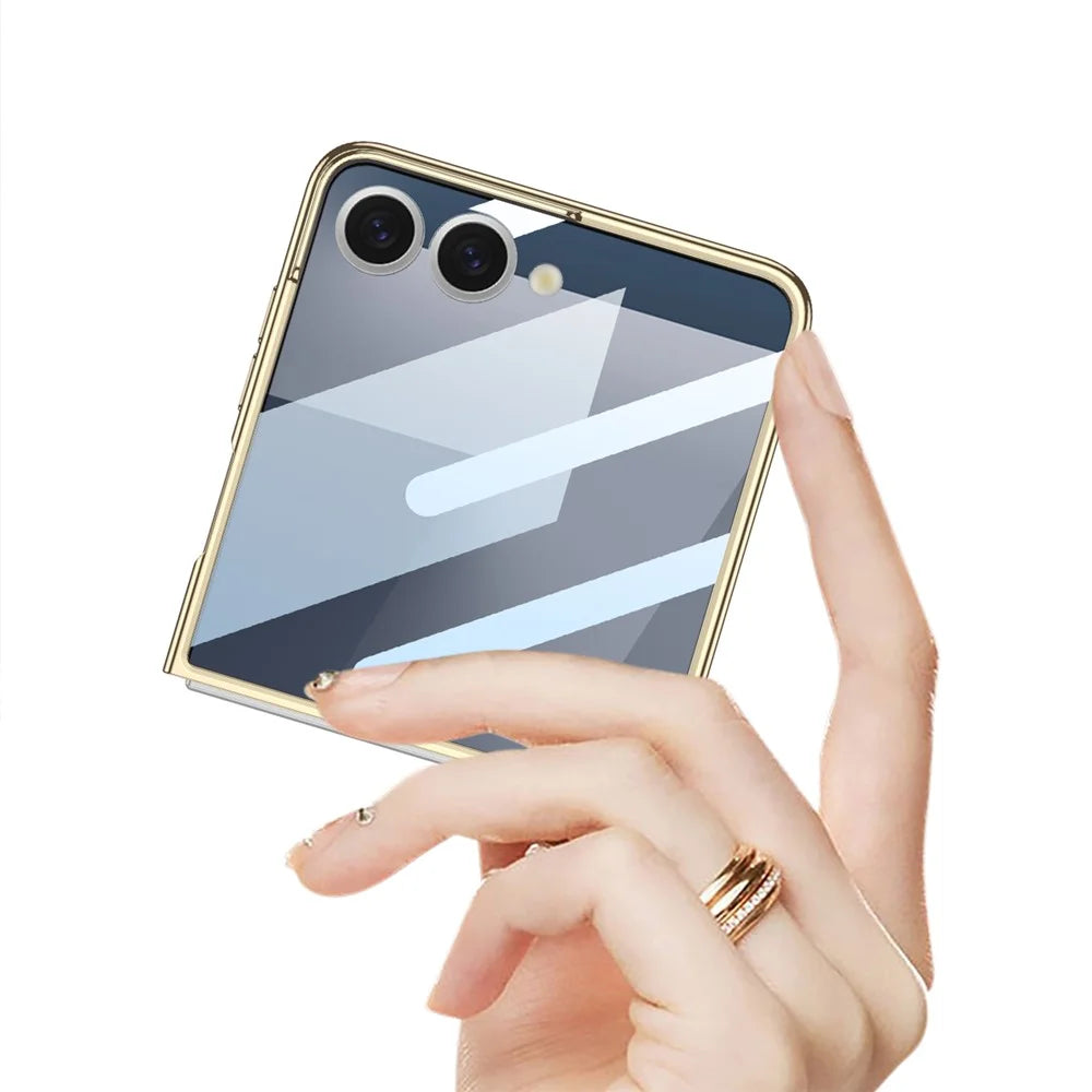 GKK For Samsung Galaxy Z Flip7 5G Case Electroplating Hard PC Tempered Glass Phone Cover with Screen Film - Champagne Gold - 3