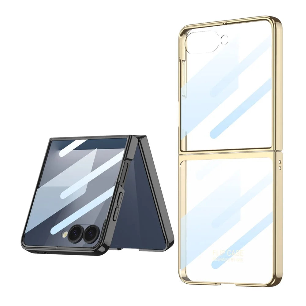 GKK For Samsung Galaxy Z Flip7 5G Case Electroplating Hard PC Tempered Glass Phone Cover with Screen Film - Champagne Gold - 6