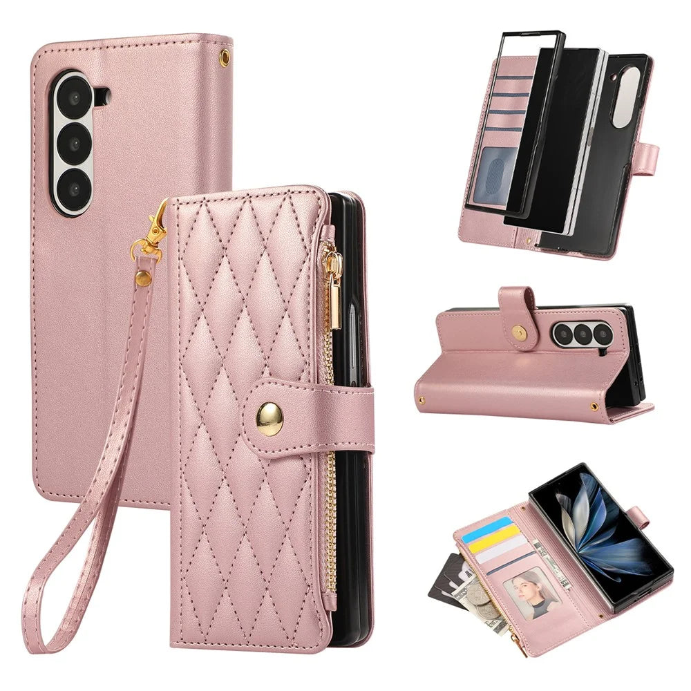 For Samsung Galaxy Z Fold7 5G Case Multi Card Slots Zipper Rhombus Leather Phone Cover with Wrist Strap - Rose Gold - 1