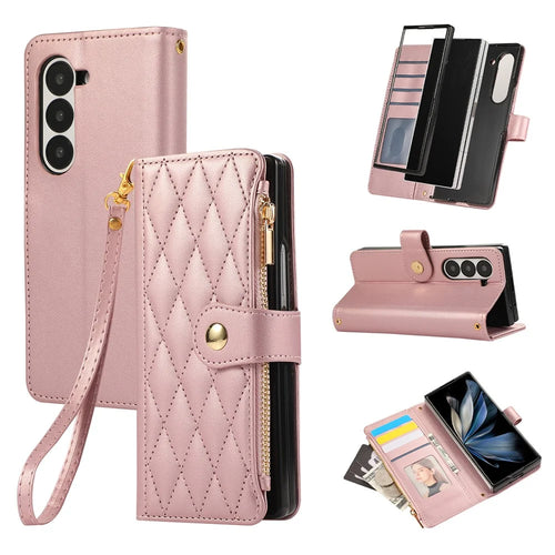 For Samsung Galaxy Z Fold7 5G Case Multi Card Slots Zipper Rhombus Leather Phone Cover with Wrist Strap - Rose Gold - 1