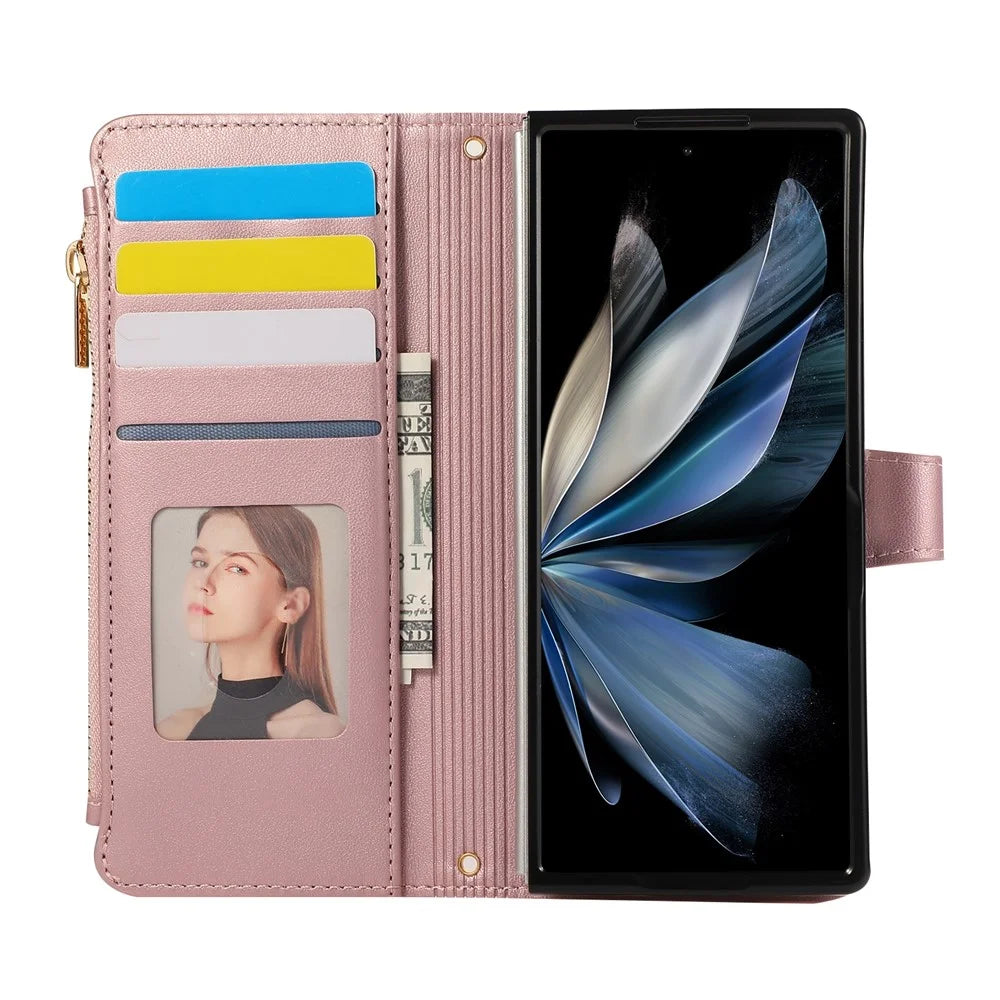For Samsung Galaxy Z Fold7 5G Case Multi Card Slots Zipper Rhombus Leather Phone Cover with Wrist Strap - Rose Gold - 2