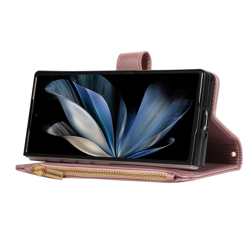 For Samsung Galaxy Z Fold7 5G Case Multi Card Slots Zipper Rhombus Leather Phone Cover with Wrist Strap - Rose Gold - 3