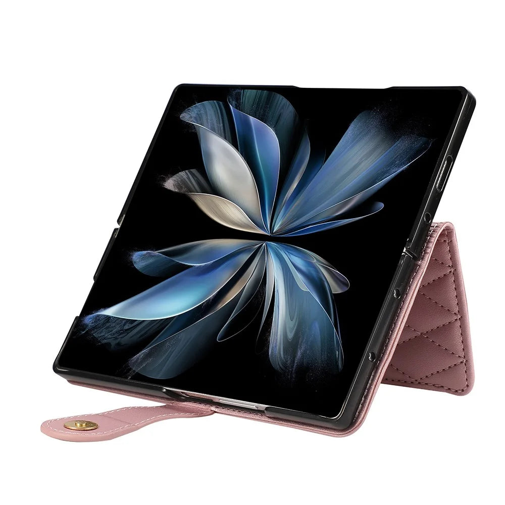 For Samsung Galaxy Z Fold7 5G Case Multi Card Slots Zipper Rhombus Leather Phone Cover with Wrist Strap - Rose Gold - 5