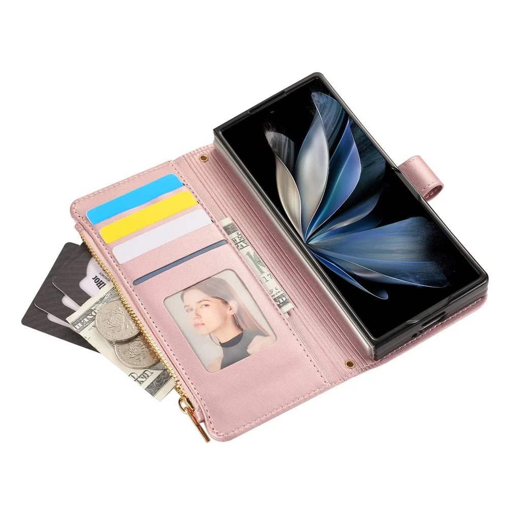 For Samsung Galaxy Z Fold7 5G Case Multi Card Slots Zipper Rhombus Leather Phone Cover with Wrist Strap - Rose Gold - 6